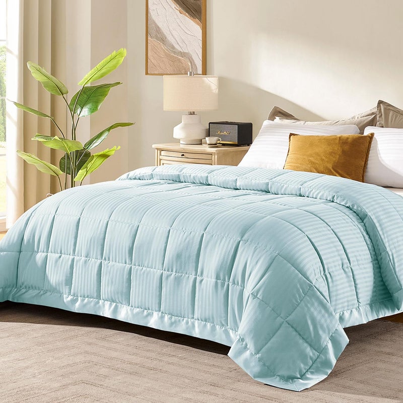 downluxe Queen Size Blanket with Satin Trim, Lightweight Down Alternative Blankets Queen Size for All Season, Machine Washable (Cool Blue, 90x90 Inch) - Image 1